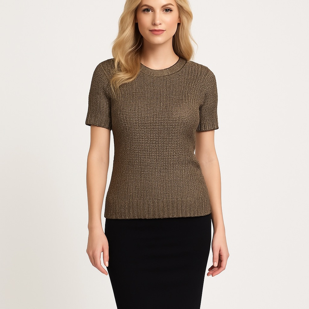 Michael Kors shimmer knit black gold angora blend short sleeve top small sweater
